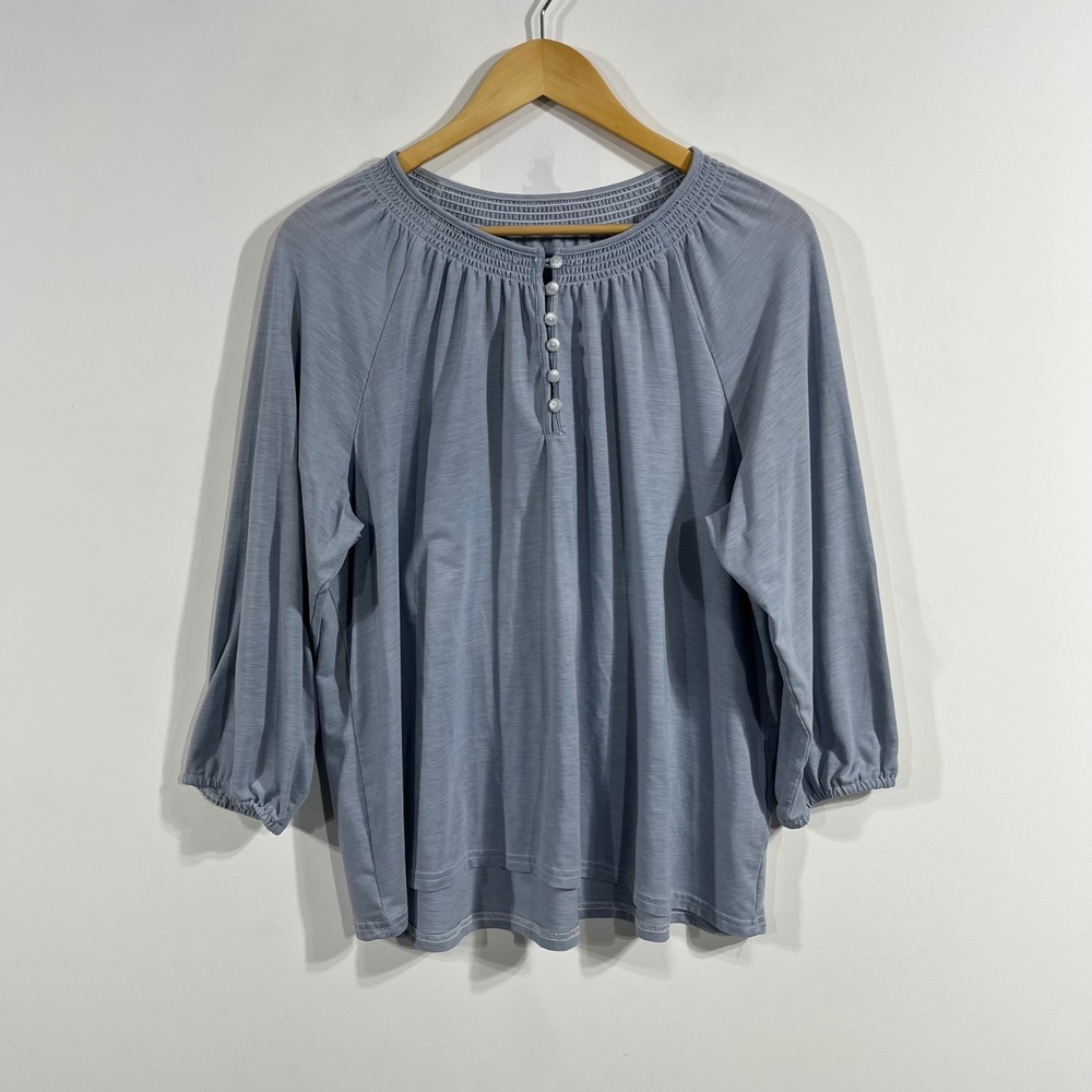 LL Bean Coastal Fisherman Granola‎ Smocked Henley Top Womens XLP Nautical Preppy